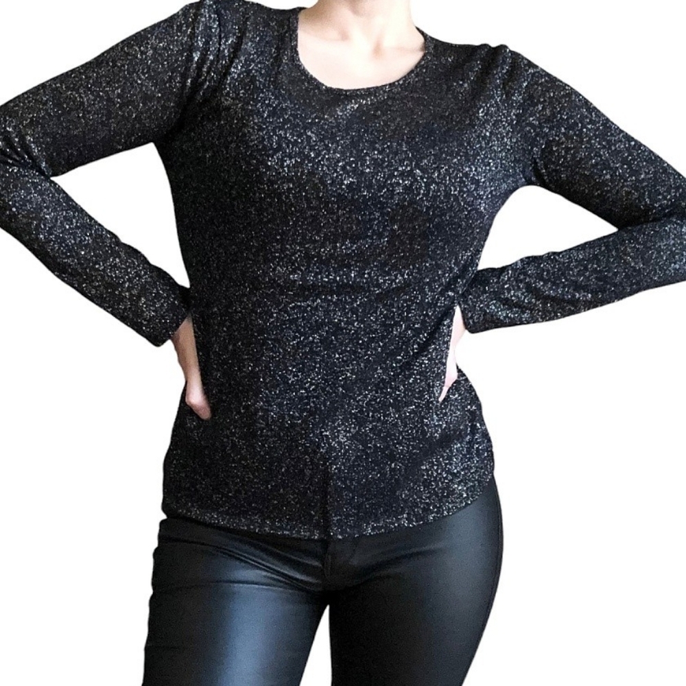 Express Womens Top Large Black Silver Sparkle Glitter Scoop Neck Party Shirt